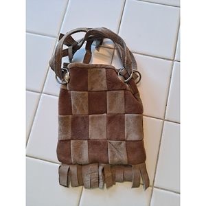 Drawstring patchwork plaid brown tan funky vintage bag purse cloth fringe party